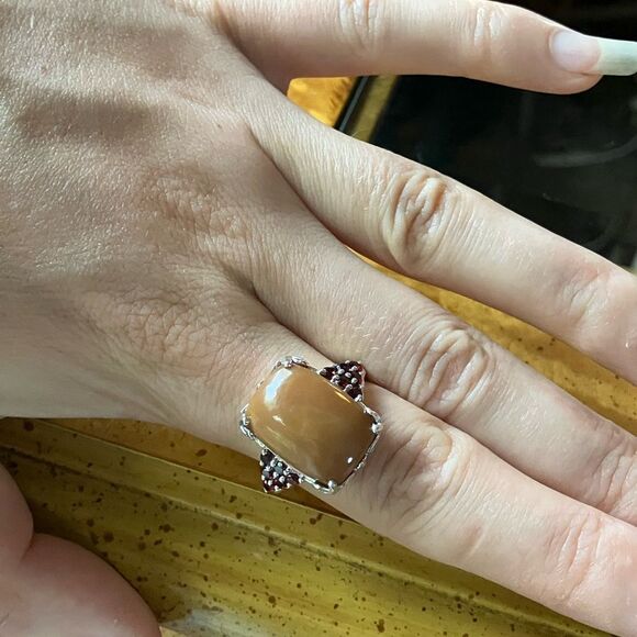 Natural Caramel Opal Red Garnet Sterling Silver Ring Size 10 - Picture 3 of 8